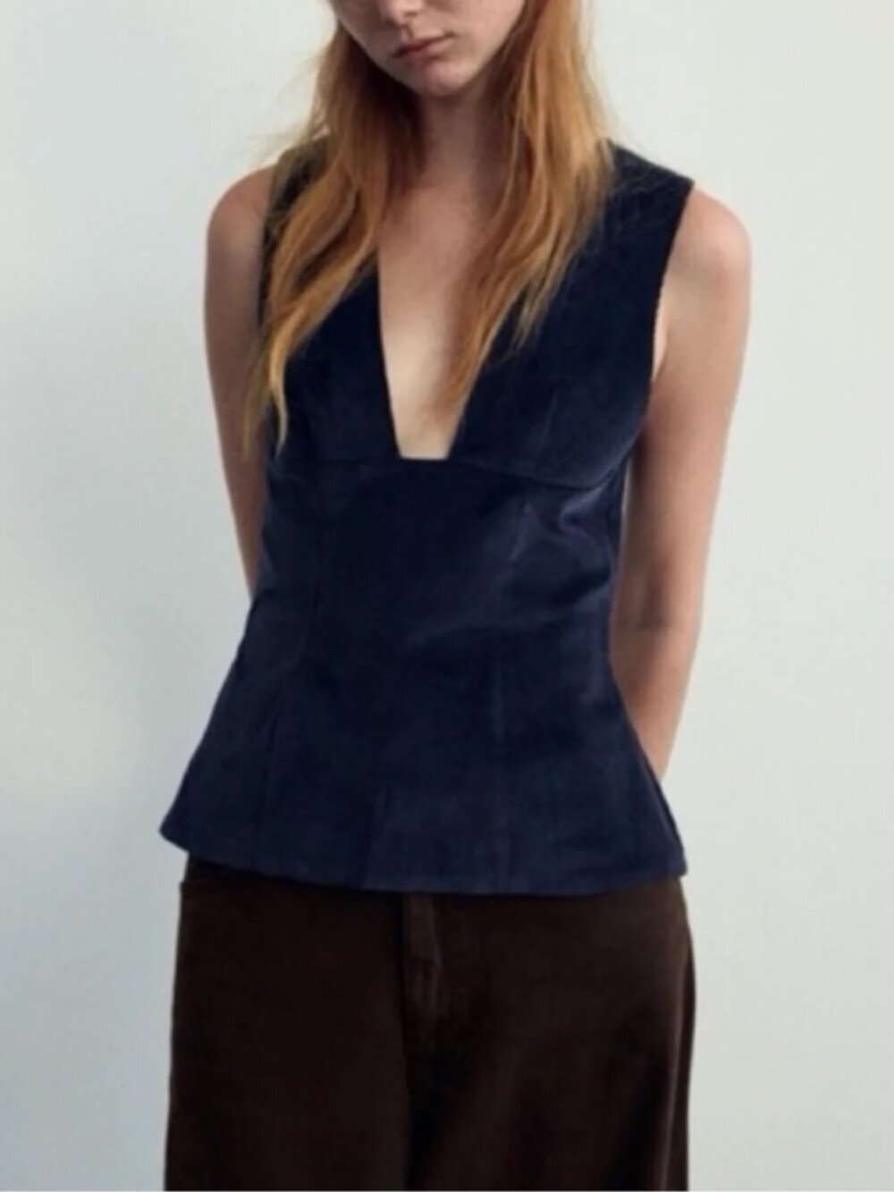 Zara Navy Blue Curduroy V-Neck Sleeveless Top Size XXL NWT